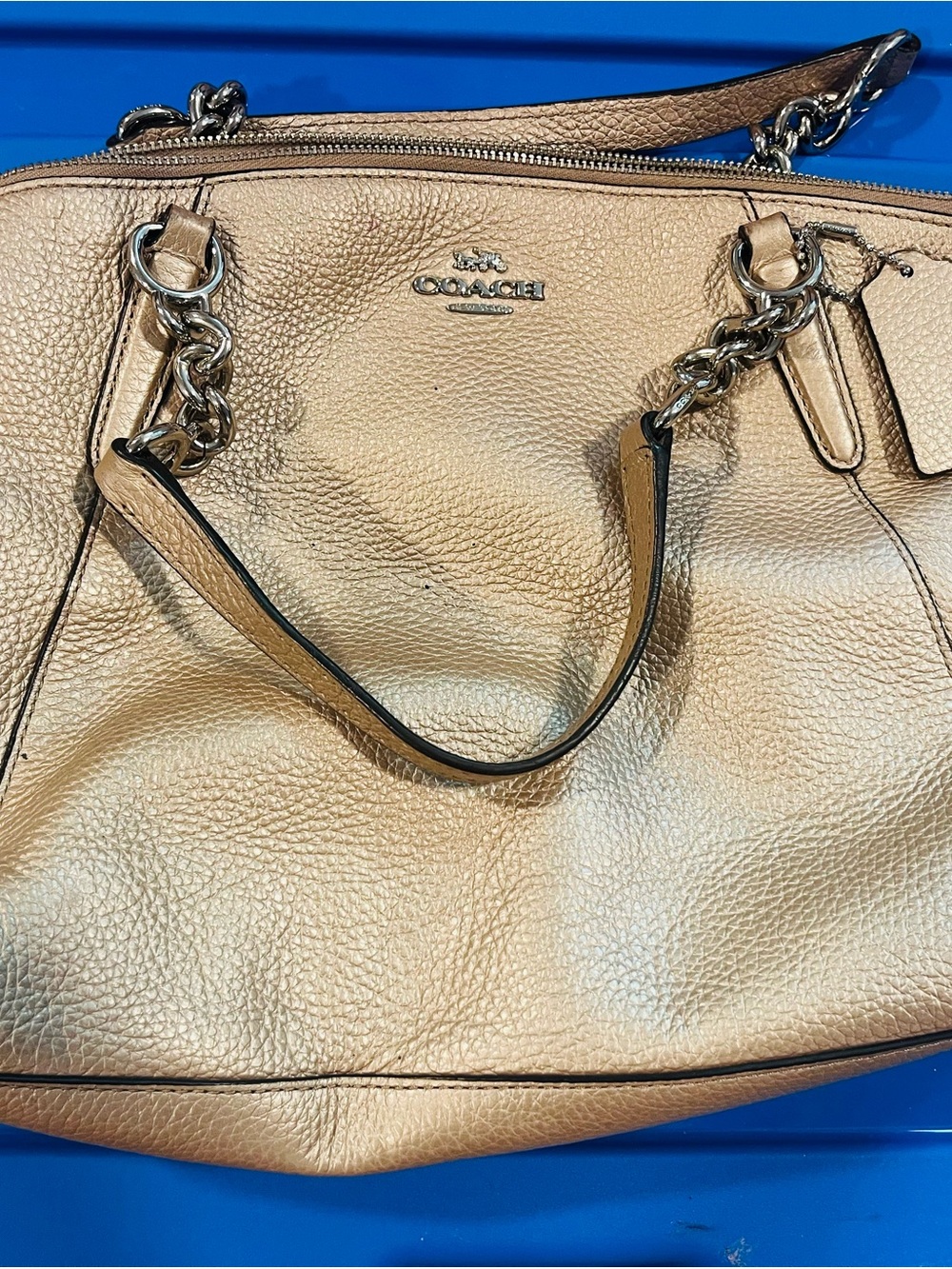 Coach Metallic Gold Pebbled Leather Shoulder Bag with Chain Handles